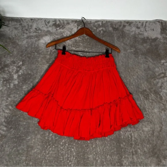 Free People Hooked On You Red Orange Ruffle Elastic Skirt Size Small - Picture 3 of 7